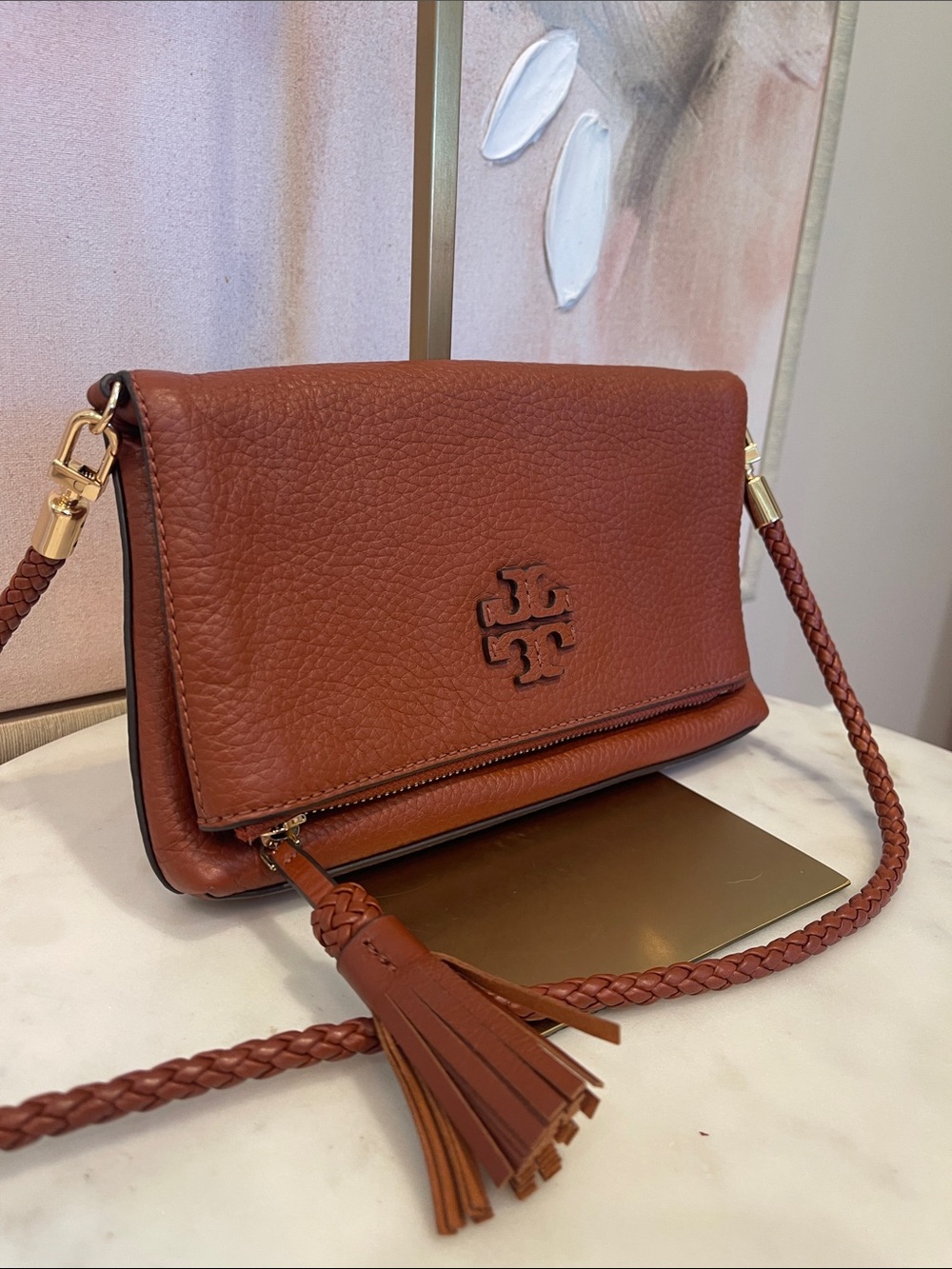 Tory Burch Cognac Leather Braided-Strap Crossbody - Picture 3 of 7